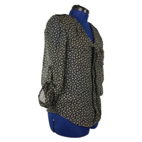 ✨Timing Black & Creme Roll Tab Long Sleeve Circles Blouse✨ - Picture 3 of 8